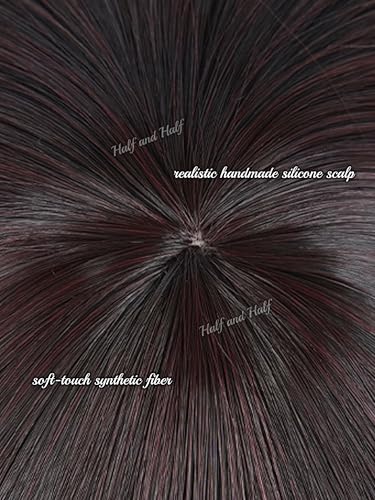 Image of Half and Half Short Brown Black Anime Circus Clown Cosplay Wig for Women Deep Brown Wigs with Bangs & Layers for Halloween Party Daily