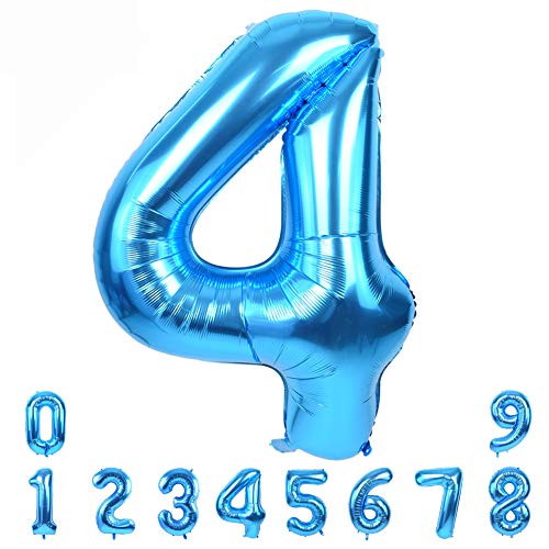 Image of TONIFUL 40 Inch Blue Number 4 Balloons Large Foil 4th Birthday Decorations | Blue 4 Balloon Number Four for 4th 14th 24th 34th 40th Birthday 4 Year Anniversary, Blue Decor for Men Women Boys Girls