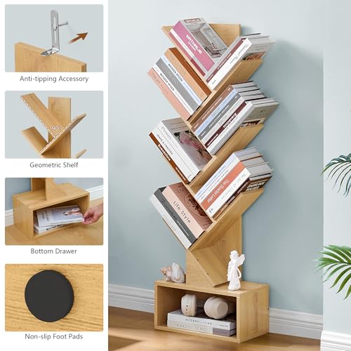Image of Hoctieon 6 Tier Tree Bookshelf, Tall Bookcase with Drawer, Freestanding Book Shelf, Display Floor Standing Storage Shelf, Book Organizer Shelves for Home Office, Living Room, Bedroom, Yellow