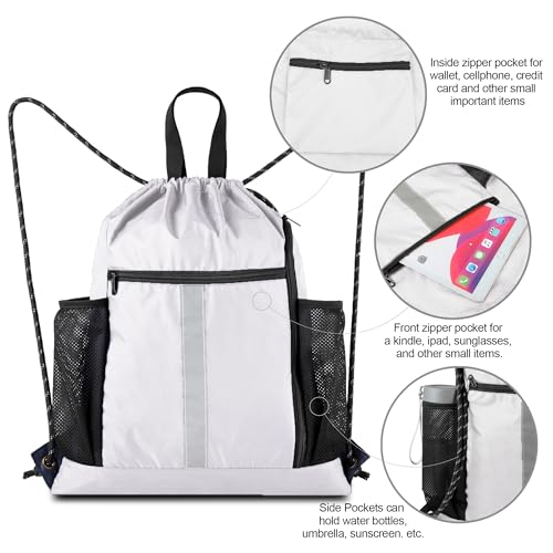 Image of BeeGreen White Drawstring Backpack Bag Sports Gym Backpack with Shoe Compartment and Two Water Bottle Holder for Men Women Large String Athletic Sackpack Workbag White