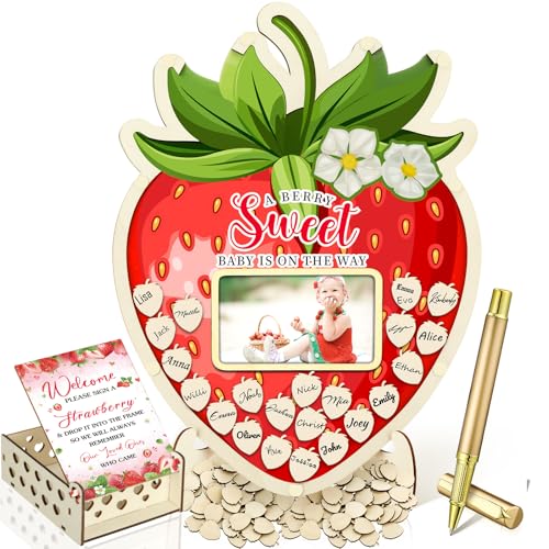 Image of Wenqik 63 Pcs Strawberry Baby Shower Guest Book Alternatives Set Baby Shower Decorations with Photo Frame Sonogram Frame Keepsake 60 Wood Slices Guest Book for Birthday