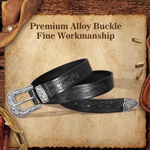 SANSTHS Western Belt For Women, Womens Cowboy Belt For Pants Jeans With Vintage Floral Carved Design