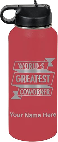 Miniatura 33 de LaserGram Personalized Water Bottle, World's Greatest Coworker, Stainless Steel Double Wall Vacuum Insulated with Flip Top Straw, Custom Engraved