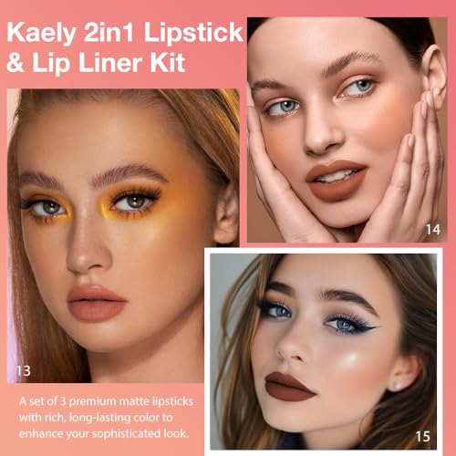 Image of Kaely 3Pcs Gradient Matte Lipstick Lip Liner Pencil Set for Women, 2in1 Flawless Contour Gradual Ombre Effect Lip Pencil Makeup Waterproof, labiales mate 24 horas originales, 13+14+15