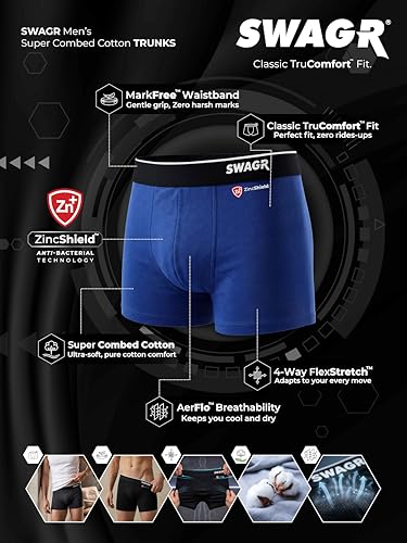 Image of SWAGR 5 Pack Men's Super Combed Cotton Underwear Trunks | Classic TruComfort Fit | Powered by ZincShield Anti-Bacterial Tech | Aerflo Breathability | 4-Way FlexStretch | SOXCO Style SG05