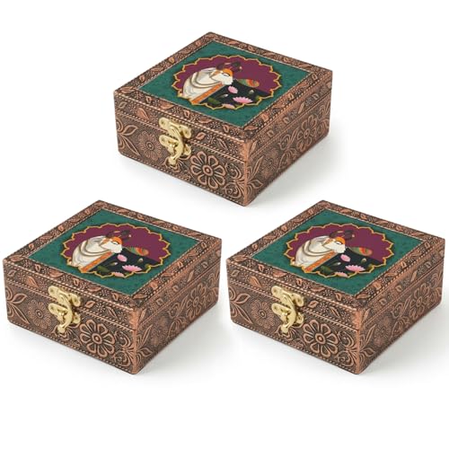 Image of Kamdhenu Wooden Jewellery Box | Handcrafted Decorative Storage Organizer | Traditional, Multipurpose Keepsake Box for Rings, Earrings & Small Accessories | Teal Lotus, Pack of 3