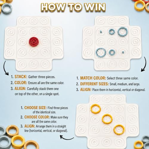 Image of Graphene Tri Rings Strategy Board Game Tic Tac Toe 3 in a Row Ring Puzzle for Kids Interactive 2-4 Players STEM Activity Color Matching Brain Teaser Indoor Outdoor Educational Family Game 8+ Years