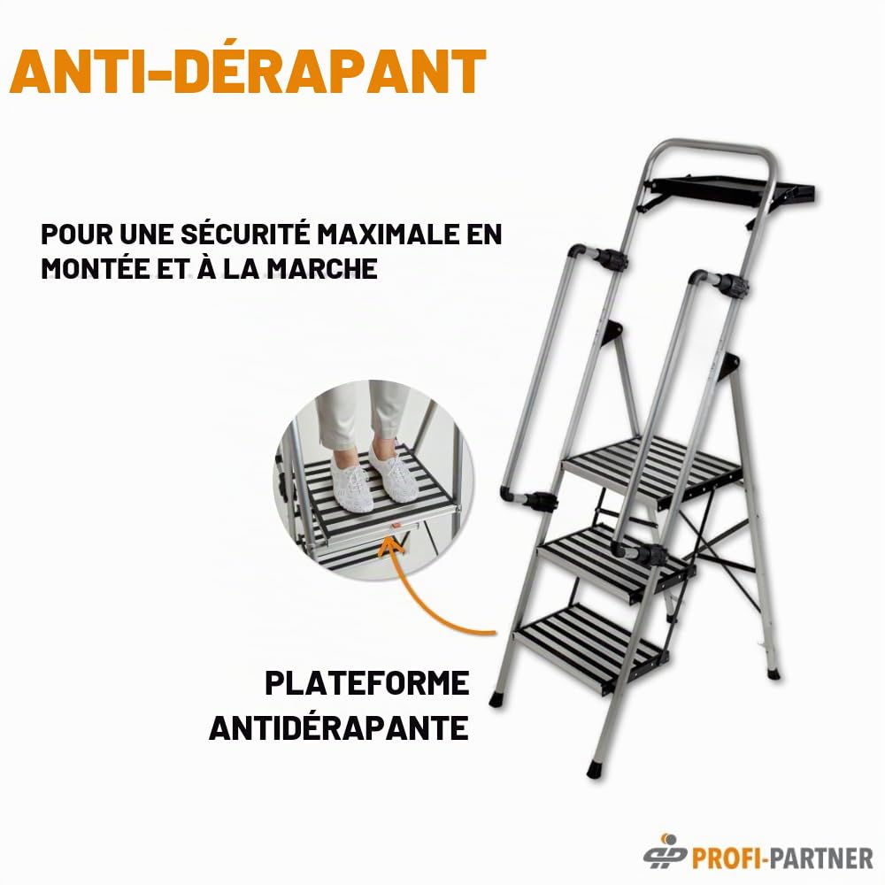 Échelle de sécurité en acier - Marchepied pliable - 3 marches - Plateforme antidérapante - Certifié TÜV - Marche sûre - Robuste - Jusqu'à 150 kg
