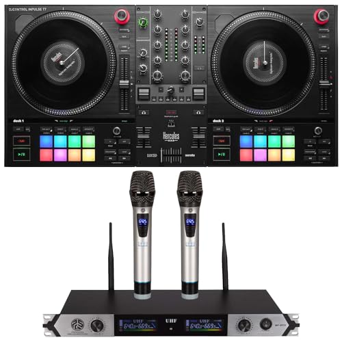 Clutch Hercules DJ DJControl Inpulse T7 2-Deck Motorized DJ Controller, PSG Audio MP-0919 Dual Wireless Mic Bundle