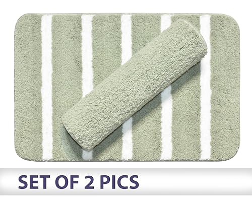 Image of Microfiber Soft Anti Slip Water Absorbent Door Mat | Bath Mat with Rubber | Soft & Super Absorbent Mats for Shower | Quick-Drying Mats for Kitchen Bathroom|Set of 2(White Green, 38X57 CM)