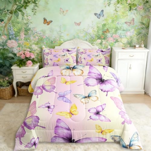 Image of Erosebridal Purple Yellow Butterflies Queen Comforter Set for Kids Teens Adults,Colorful Garden Wildlife Bedding Set,Rustic Farmhouse Duvet Insert,Modern Aesthetic Bed Set for All Season
