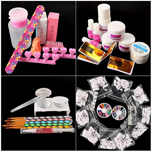 Acrylic Nail Kit Pink Clear White Acrylic Powder and Liquid Set False Nail Tips Acrylic Brush Manicure Set for Nails