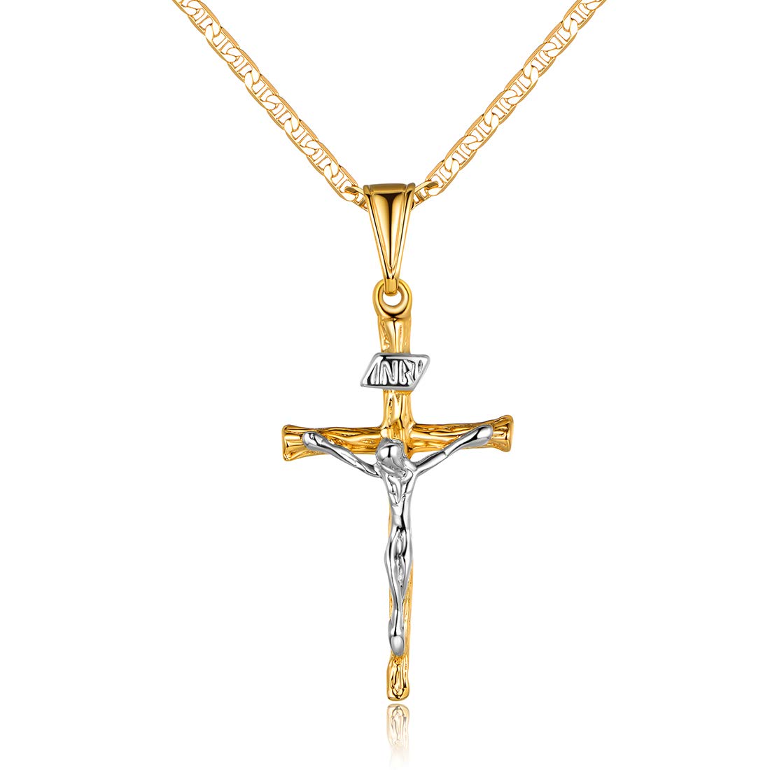 BarzelCross Necklace for Women, Men, Boys, and Girls 18K Gold Plated Flat Mariner/Marina 060 3MM Chain Necklace With Cross Pendant.