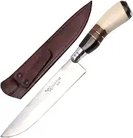 Facas Gaúcha, 1008OMC, Faca Gaúcha Churrasco 8" Cabo Curvo Chifre Madeira Osso, cor Inox, Couro