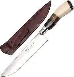 Facas Gaúcha, 1008OMC, Faca Gaúcha Churrasco 8" Cabo Curvo Chifre Madeira Osso, cor Inox, Couro