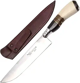 Facas Gaúcha, 1008OMC, Faca Gaúcha Churrasco 8" Cabo Curvo Chifre Madeira Osso, cor Inox, Couro