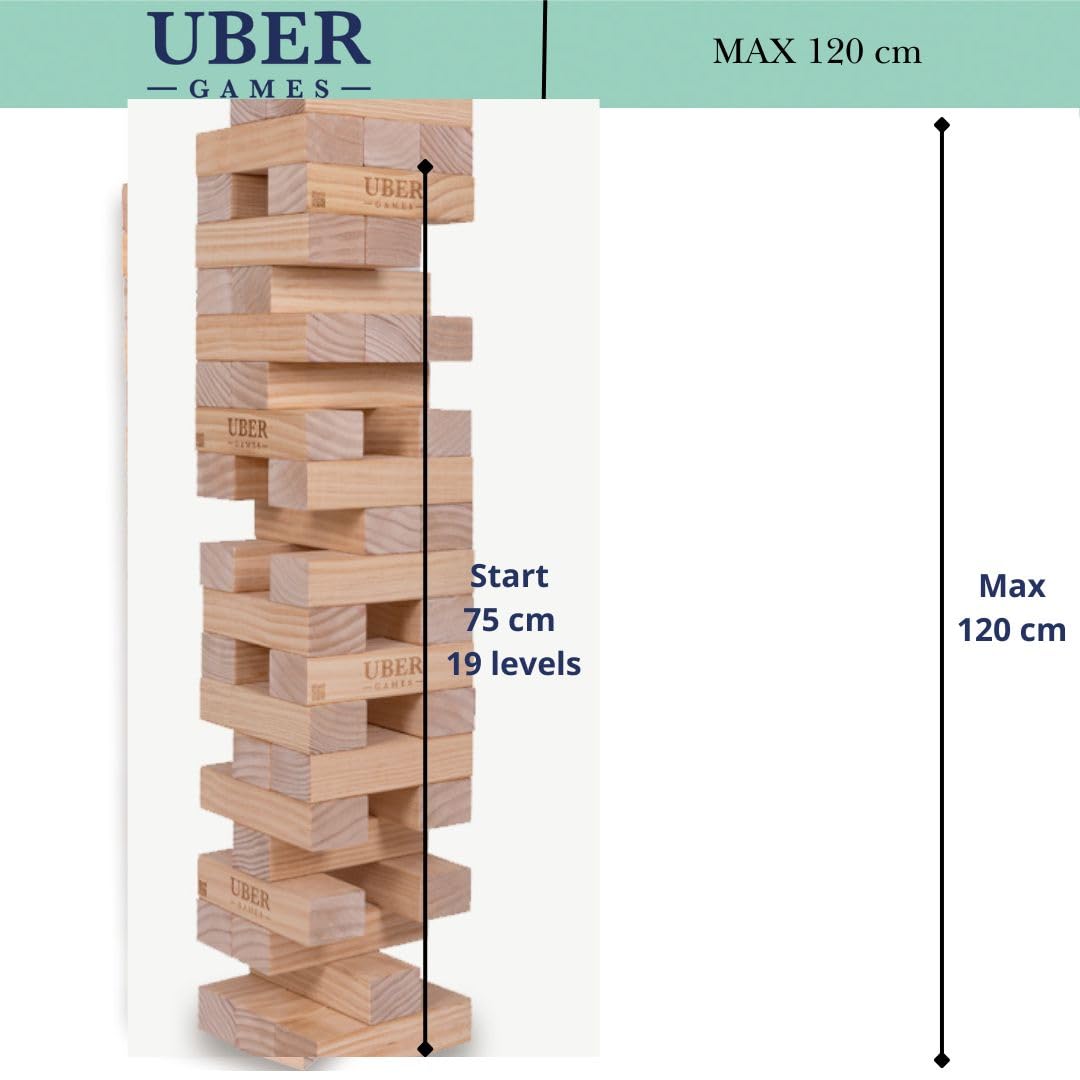 Ubergames Gigantyczna wieża ruchoma do 120+ cm XXL Jumbo Hi-Tower w torbie - 1,2 m (maks. w grze. Masywna sosna drewniana gra wieżowa - bardzo luksusowe bloki i torba (do 120 + cm)