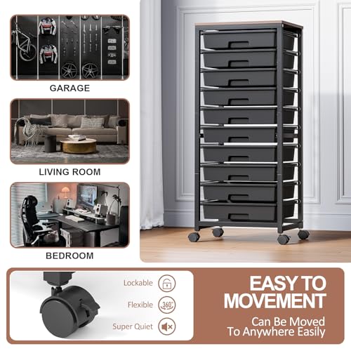 Rolling Cart with Drawers,10 Drawer Rolling Cart,Storage Cart,Utility Cart,Teacher Cart for Classroom Storage,Craft Cart with Wheels and Wooden Tabletop,Black - Image 6