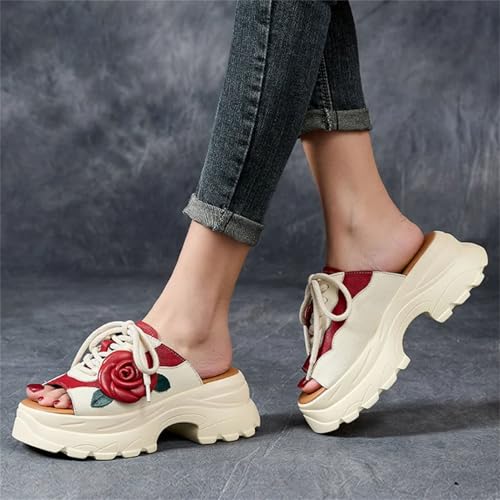 Women's Ethnic Cow Genuine Leather Flats - 6cm Mary Jane Peep Toe Platform Summer4