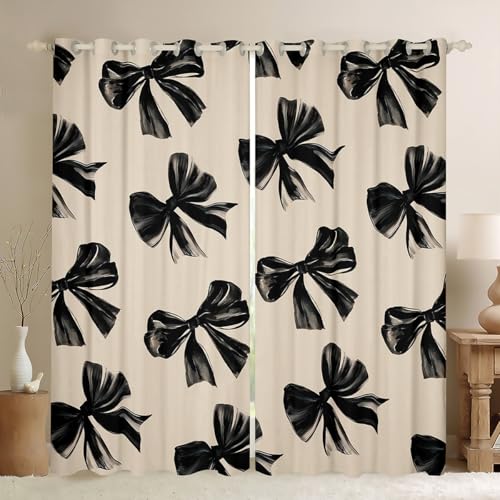 Image of Erosebridal Bow Curtains & Drapes 52" Wx84 L Black Bow Tie Window Curtains for Kids Teen Adults Room Decor,Watercolor Bowknot Blackout Curtains Black White Simple Decor Window Treatments 2 Panels