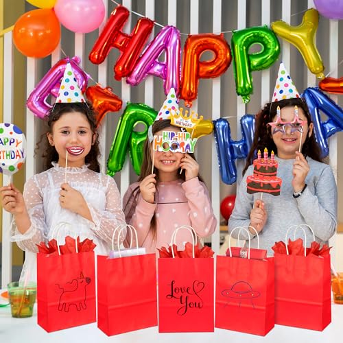 Image of BLEWINDZ 32Pcs Small Paper Gift Bags with Tissues, Red Party Favor Bags with Handles, 8.7 inch Goodie Bag for Birthday, Shopping, Party Supplies