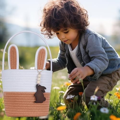 Image of Easter Basket, Empty Easter Baskets for Kids Boys Girls with Bunny Tag Egg Basket Eater Gifts Basket Toddler Teens Babys First Easter Basket with Handle Brown