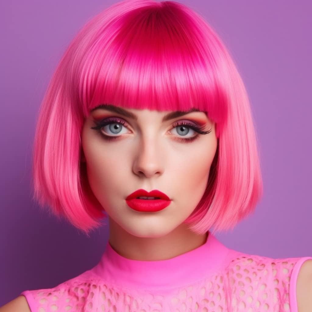 PORSMEER Short Hot Pink Bob Wig and Sunglasses 12 Inch Colorful Synthetic Hair Wigs with Fringe for Women Unisex Halloween Costume Cosplay + Wig Cap - Image 3