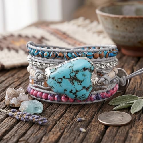 Image of YGLINE Natural Stone Bracelet 5 Wraps Bracelet Handmade Blue Color Boho Bracelet for Women Bracelet