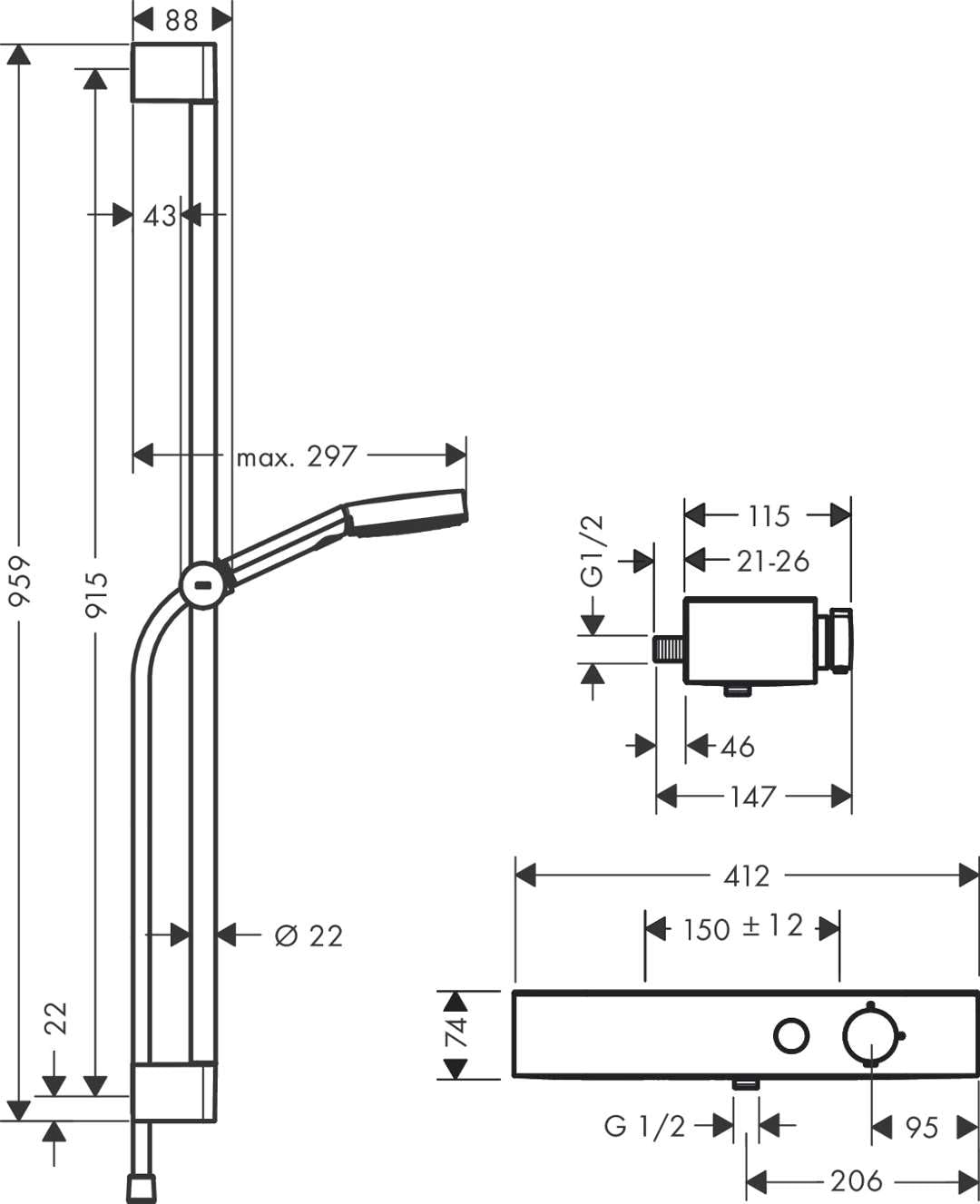 hansgrohe Pulsify Select S Zestaw prysznicowy z głowicą prysznicową, drążkiem prysznicowym 90 cm, wężem prysznicowym i uchwytem na słuchawkę prysznicową, prysznic ręczny z 3 natryskami (w tym