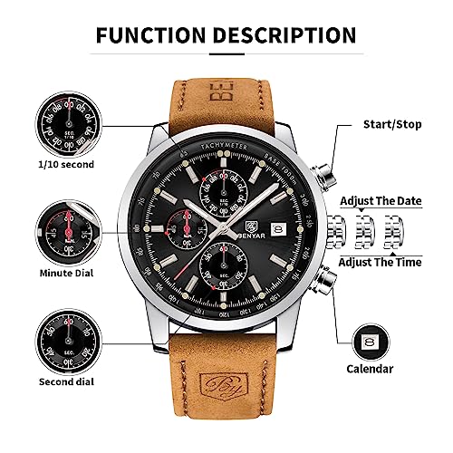 Image of BENYAR Men's Watches Chronograph Watch for Men Multifunction Black Waterproof Sport Fashion Quartz Wristwatches Calendar with Stainless Steel Strap