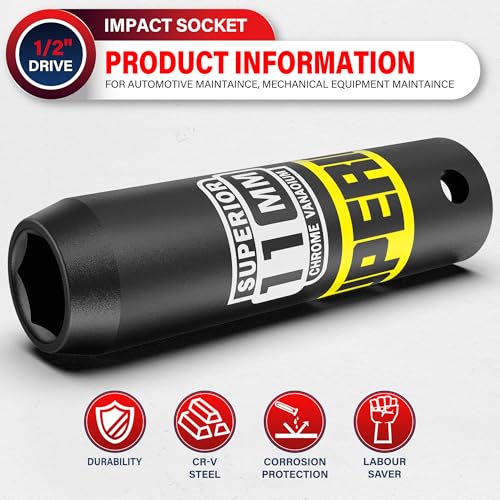 Image of 1 /2 inch Drive Impact Socket, 11 mm Deep Socket, Metric, 6 Point, CR-V, for Automotive Maintaince, Mechanical Equipment Maintaince