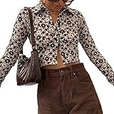 Floral Print Cardigan for Women Y2k Long Sleeve Crop Top Tshirt Vintage Harajuku Streetwear(B Coffee...