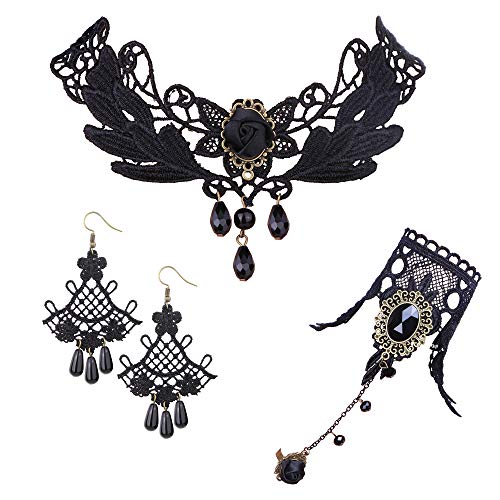 FINREZIO Black Lace Necklace Long Fingerless Gloves and Pendant Earrings Set for Women Halloween Steampunk Wedding Party Mascarade Costume Jewelry Sets (Necklace+Bracelet +Earrings)