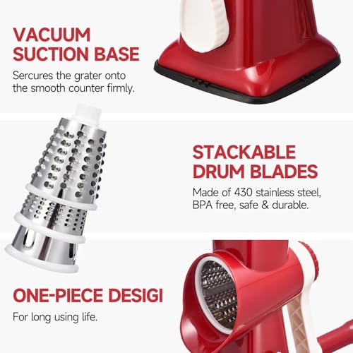 Image of Rotary Cheese Grater with Handle Kitchen Shredder Slicer Grater Slicer Ice Shaver Cheese Vegetable Nuts Potato Zucchini Chocolate 3 Interchangeable Blades (RedWhite)