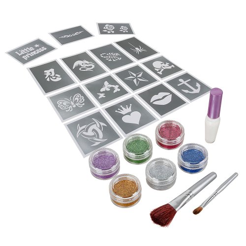 BMC 6pc Party Fun Temporary Fashionable Multi-Color Glitter Shimmer Tattoo Body Art Design Kit with Stencils, Glue and Brushes