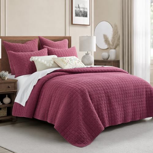 Image of Levtex Home Mills Waffle King /Cal King Quilt Set (106x92in) with 2 Pillow Shams (36x20in) - Cabernet - 100% Cotton King Size Quilt Bedding Set - Lightweight, Soft, Pre-Washed