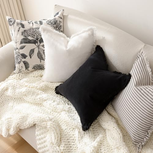Image of Foindtower Set of 2 Decorative Linen Fringe Throw Pillow Covers Cozy Boho Farmhouse Cushion Cover with Tassels Soft Accent Pillowcase for Couch Sofa Bed Living Room Home Decor, 22x22 Inch, Black