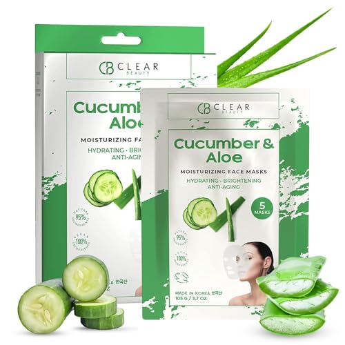 Clear Beauty Cucumber & Aloe Moisturizing Face Mask - Dermatologist Tested Soothes Irritated Skin Reduces Wrinkles & Fine Lines Hydrating Cruelty-Free Korean Skin Care - All Skin Types