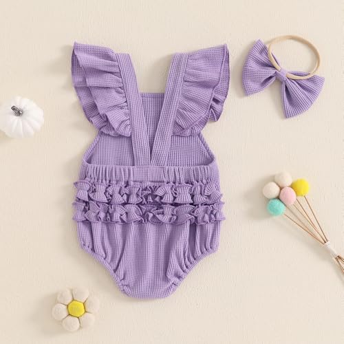 Infant Newborn Baby Girl Halloween Outfits Cute Ghost Embroidery Ruffle Sleeve Romper Headband Waffle Clothes Set3