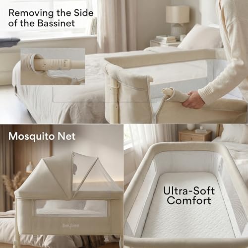 Image of BAYBEE Premium Bedside Crib for Baby with Rocking | Bassinet for New Born with 4 Height Adjustable & Recline | Baby Cot with Mosquito Net & Storage Box | Bedside Cribs & Cots for 0 to 2 Years (Kaki)