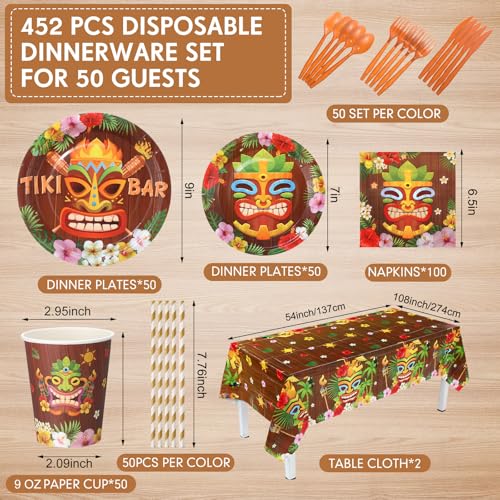 Image of Funnymoom 452 Pcs Hawaiian Tiki Party Decorations Include Tiki Paper Plates Napkins Cups Tablecloth Cutlery Straws Hawaii Luau Party Supplies for Tropical Birthday Party Decorations