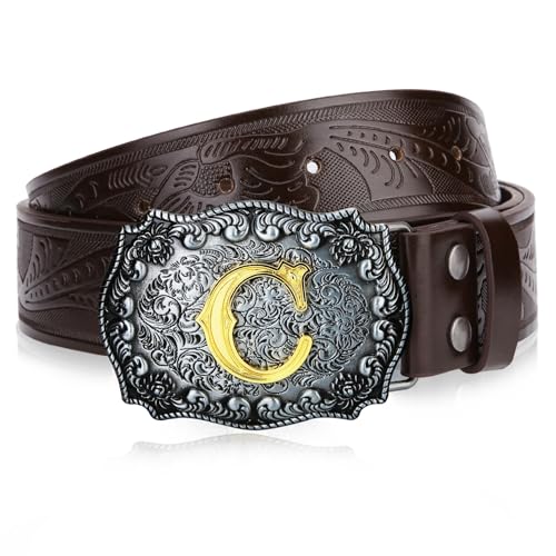 Image of Men Cowboy Belt, Western Cowgirl Big Letter Buckle Belts | Longhorn Bull Strap for Jeans Pants, Faux Leather Embossed Floral County Waistband