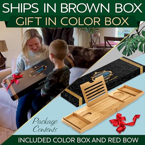 SereneLife-Bath-Caddy-Breakfast-Tray-Combo-Natural-Bamboo-Wood-Waterproof-Bathtub-Caddy-and-Bed-Tray-with-Folding-Slide-Out-Arms-Spa-Trays-and-Soap-Box-Smartphone-Holder-Standard-Gift-Set