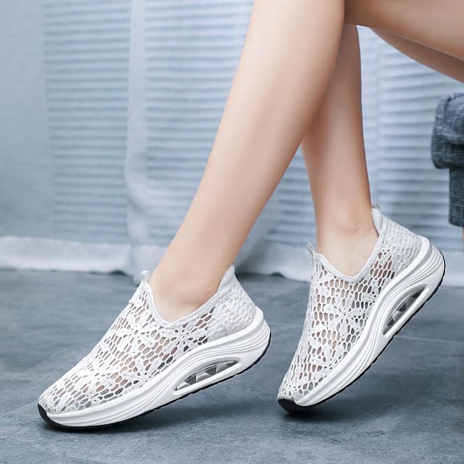 RZDYSQ Women's Floral Embroidery Lace Mesh Air Cushion Sneakers, Orthopedic Breathable Slip On Platform Loafers (White,US-6.5)2