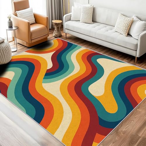 Générique Tapis Retro Années 70 Salon 80x150 cm Motif Rayures Coloré Texture Abstrait Vintage, Tapis Lavable Antidérapant Doux Poil Court, Decoration...