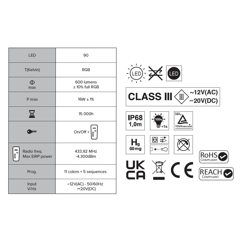 Seamaid 502839 Lampada Faro a LED Standard PAR56, 90 LED RGB con Telecomando 16W