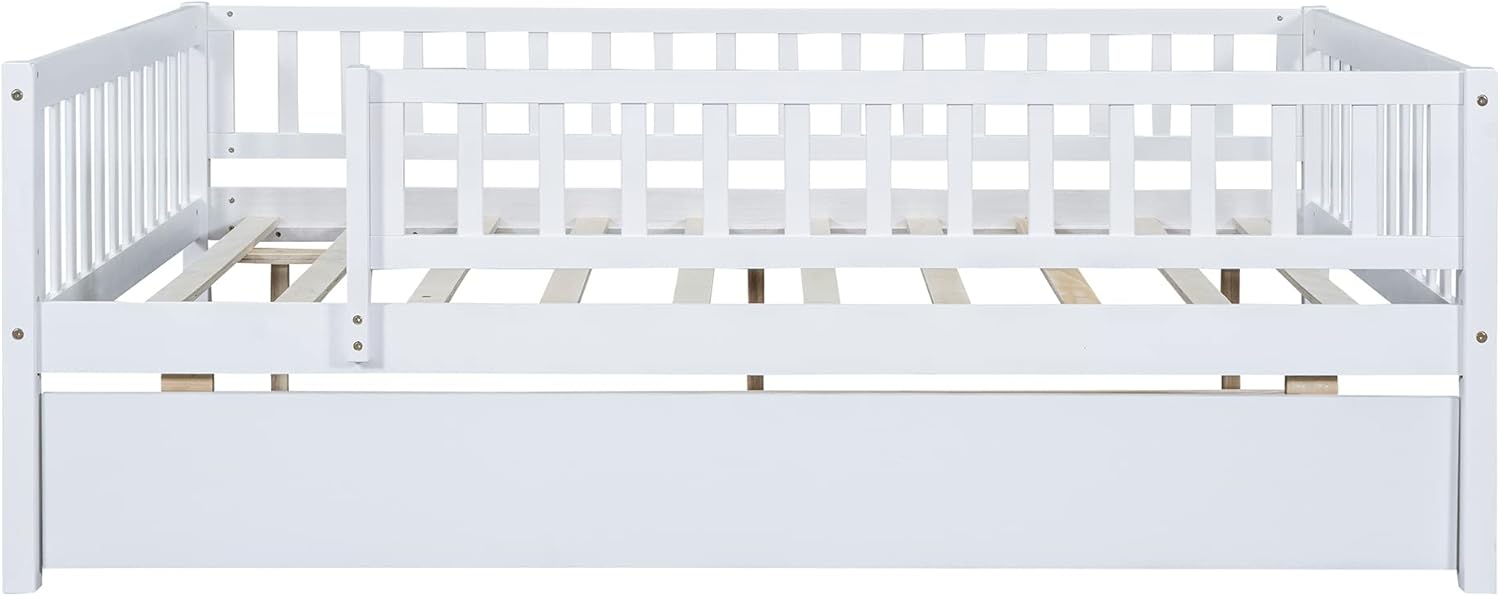 Full Size Wood Daybed with Trundle and Fence Guardrails, White