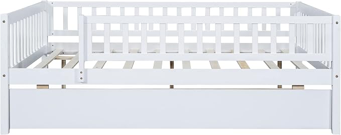 Cama tipo daybed de madera tamaño Full con cama auxiliar y barandales blancos miniatura 4