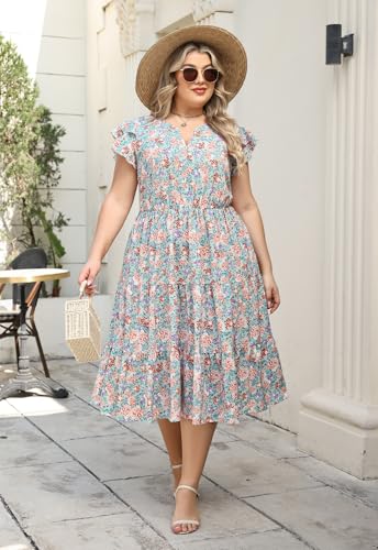 Image of Keluummi Plus Size Midi Dress for Curvy Women Wedding Guest Summer Floral Empire Waist Short Sleeve with Pockets