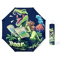Decalsweet Kids Travel Folding Umbrella,Strong Windproof Automatic Compact Umbrella with Reflective Strips,UV Protection Sun Umbrella for Boys-Dinosaur